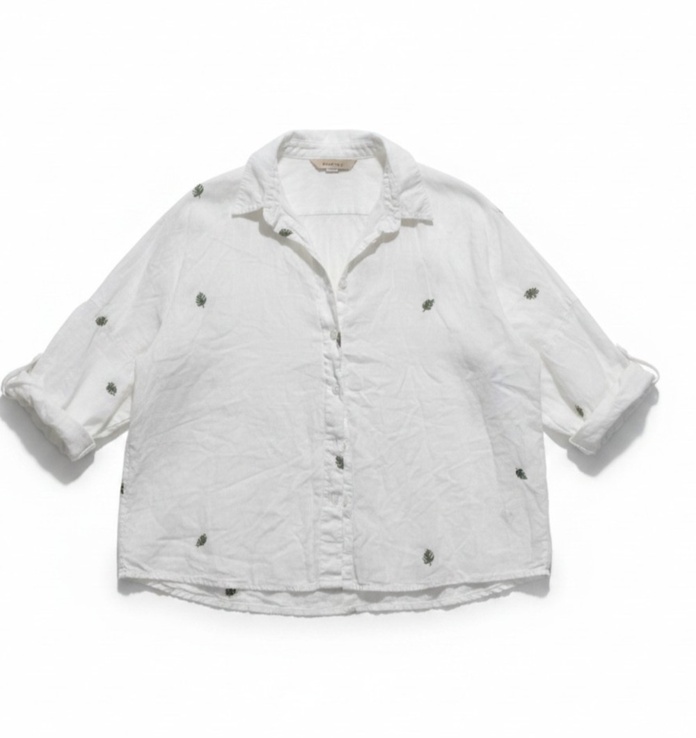 Forever 21 Linen Blend Button Shirt Embroidered Leaves White Roll Tab Sleeve L